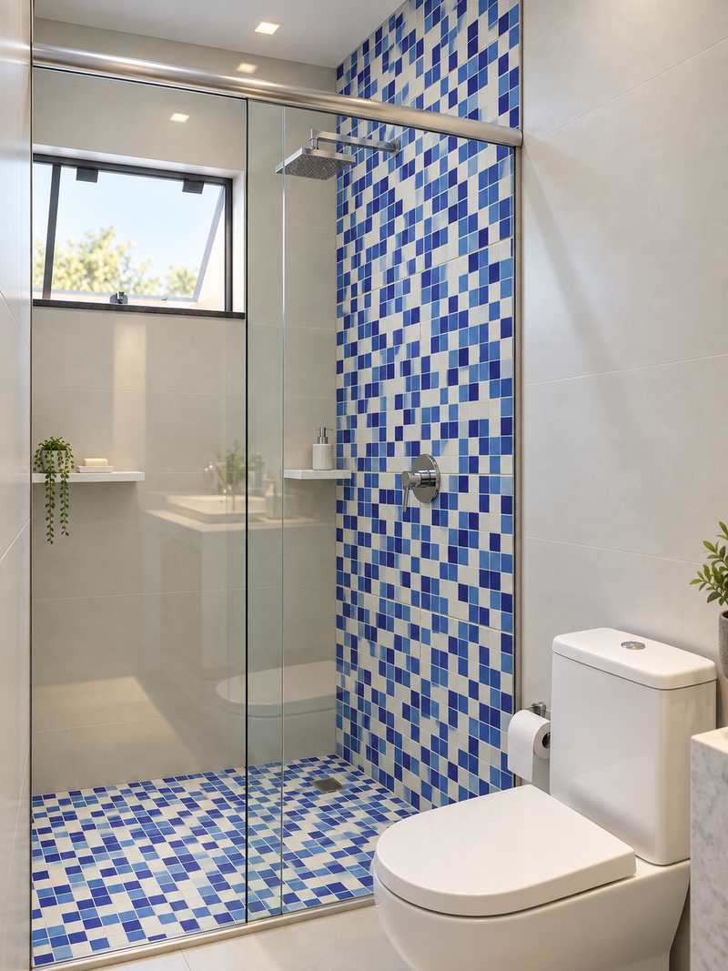 Baño con Mosaico Azul-Blanco
