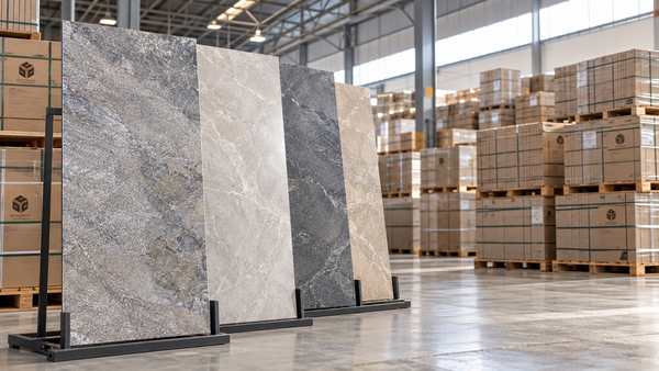 Placas de porcelanato en exhibidores dentro del almacén de la planta